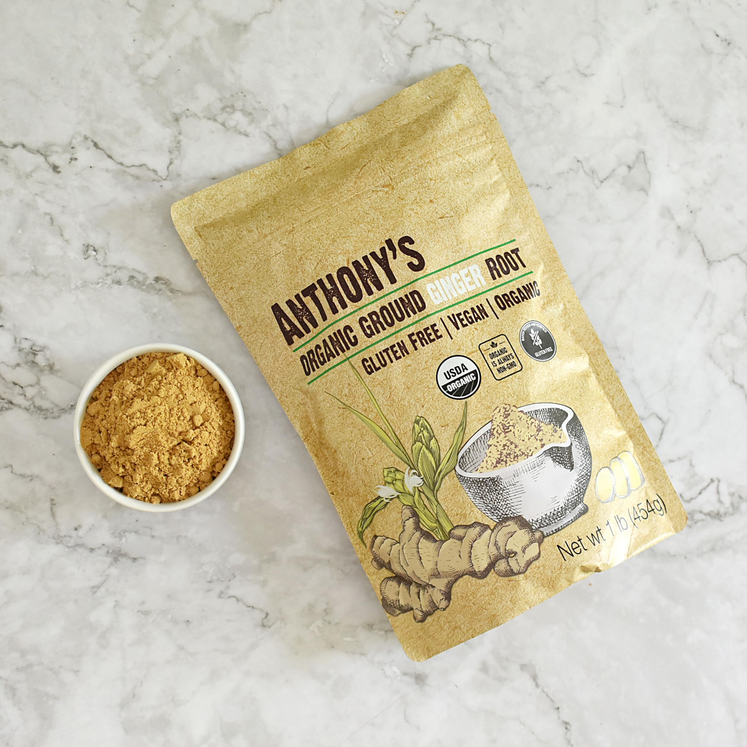 Label on Anthony's Organic Ground Ginger Root shows gluten-free and non-GMO assurance