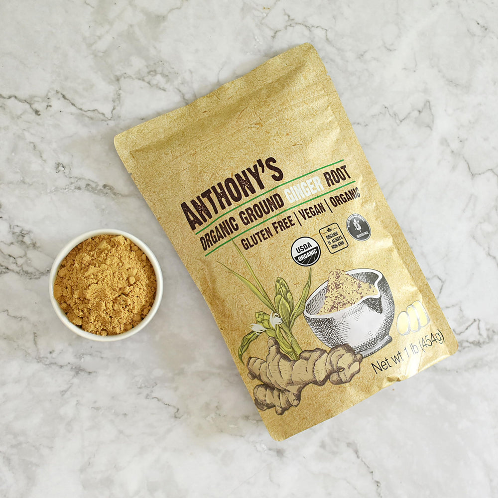 Label on Anthony's Organic Ground Ginger Root shows gluten-free and non-GMO assurance