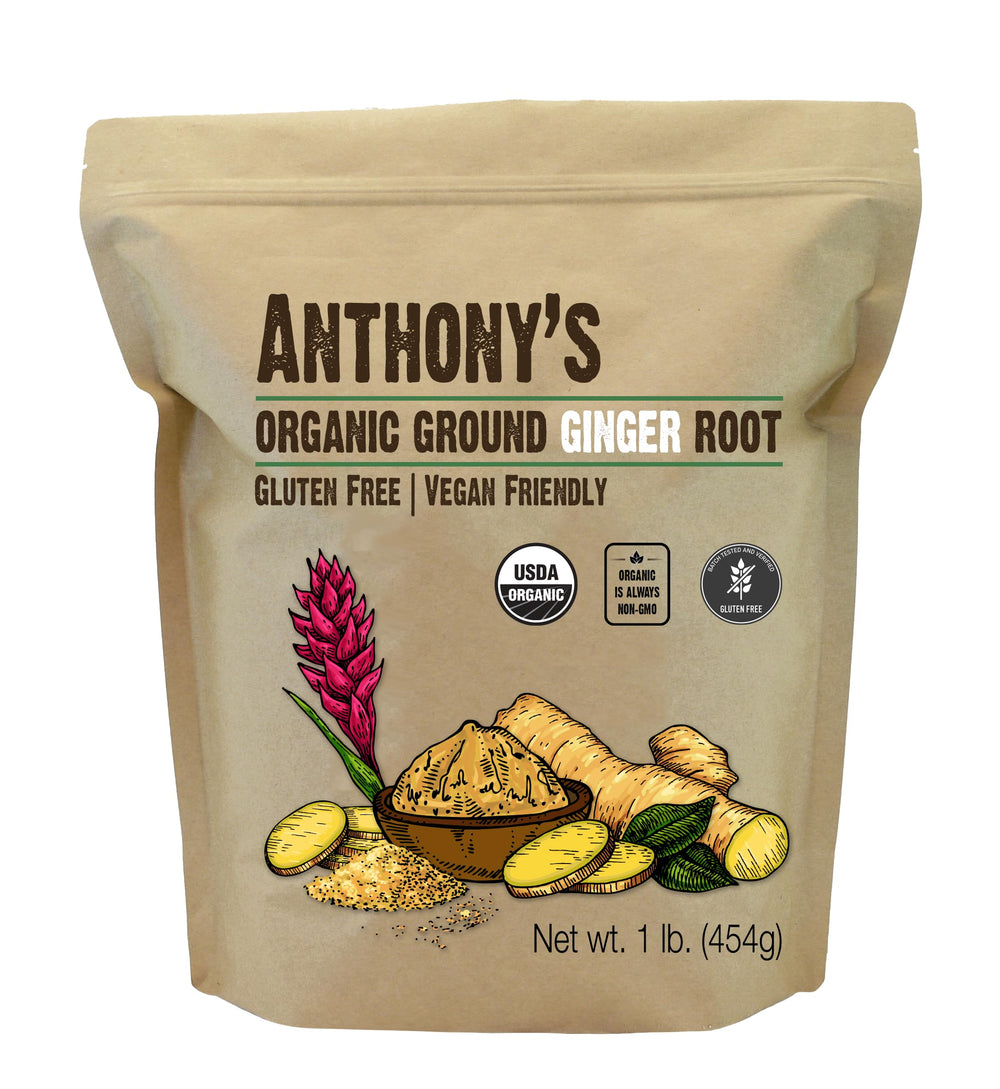 Anthony's Organic Ground Ginger Root packaging highlights organic quality for everyday cooking