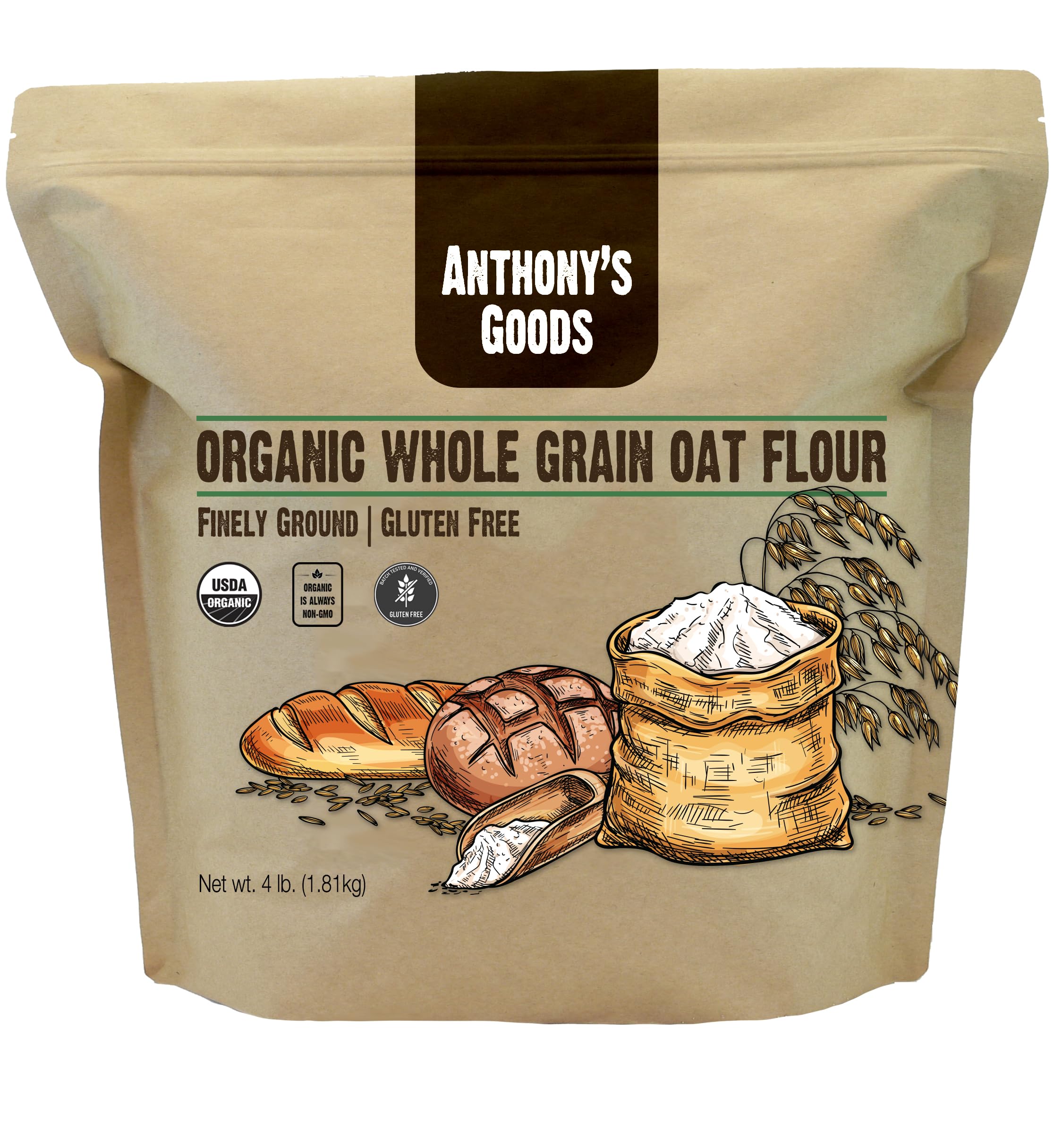 Anthony's Organic Whole Grain Oat Flour 4 lb bag shows organic certification for quality