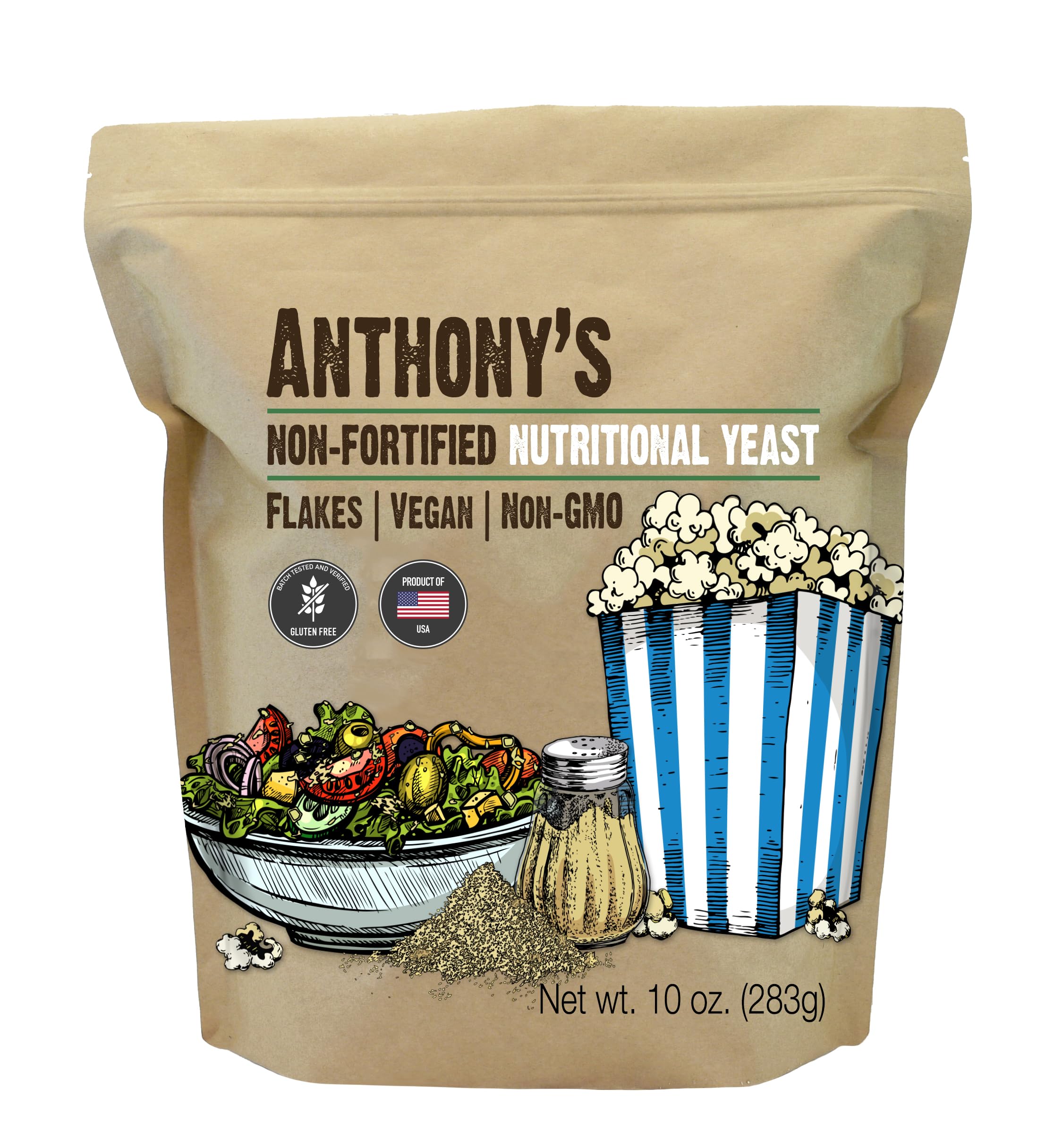 Anthony's Premium Nutritional Yeast Flakes bottle pour adds tangy, savory flavor.