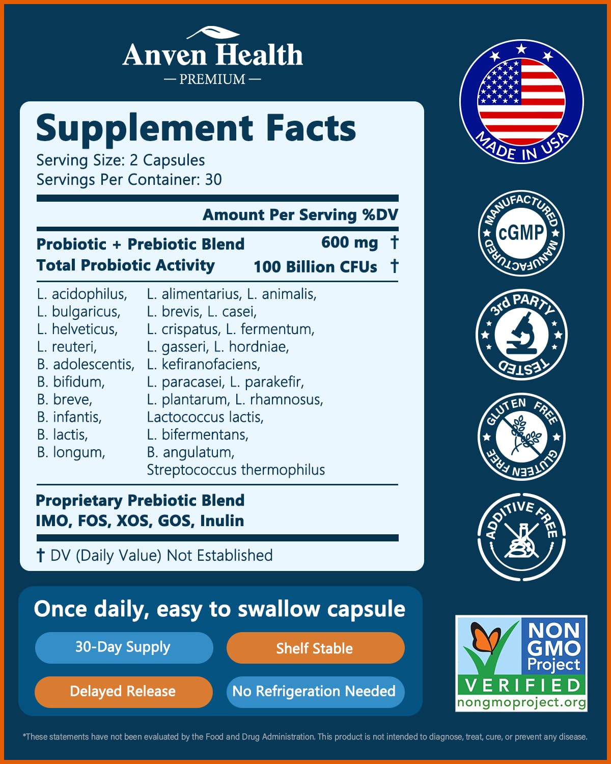 Anven Health label detail highlights 27 strains and capsule information.