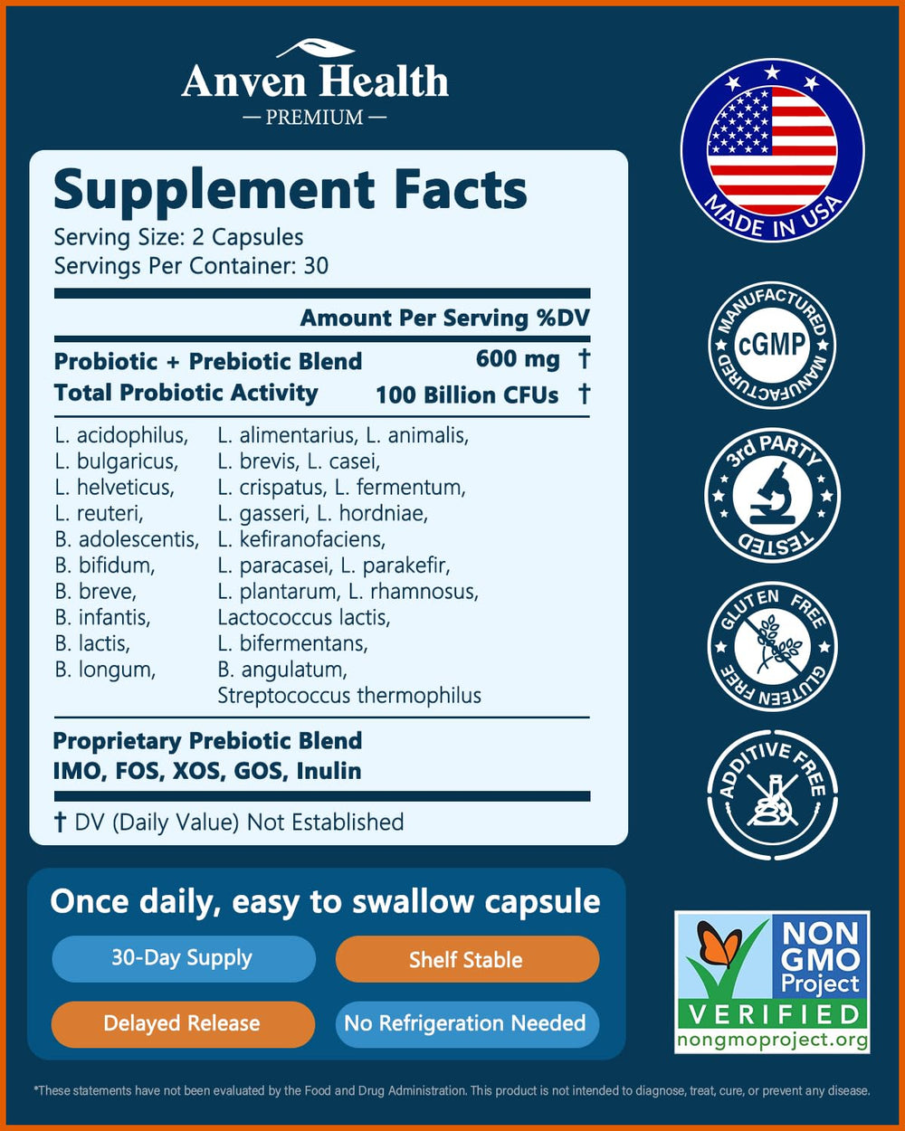 Anven Health label detail highlights 27 strains and capsule information.
