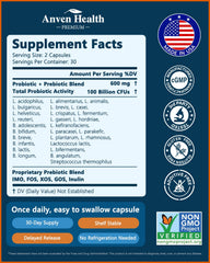Anven Health label detail highlights 27 strains and capsule information.