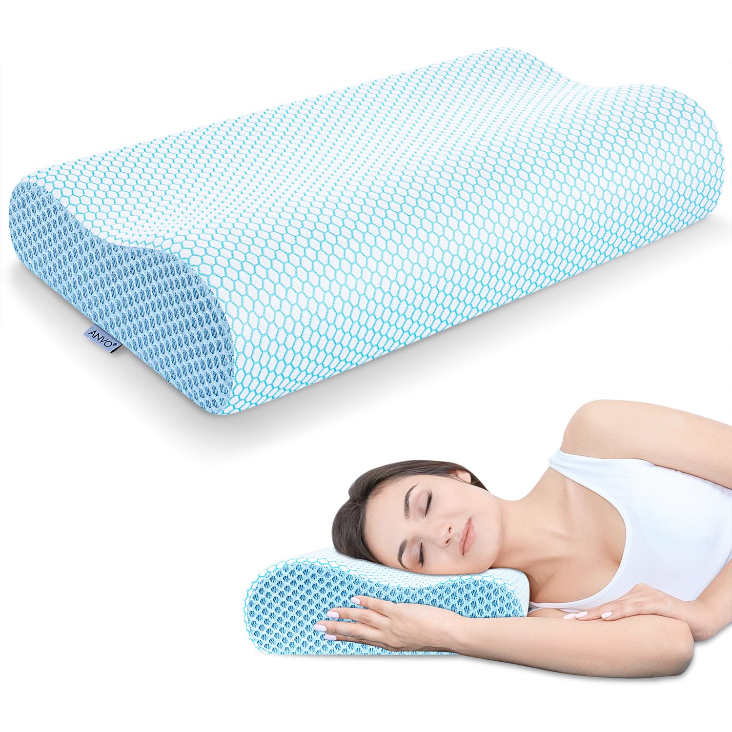 Anvo memory foam pillow front view shows contour for neck support.