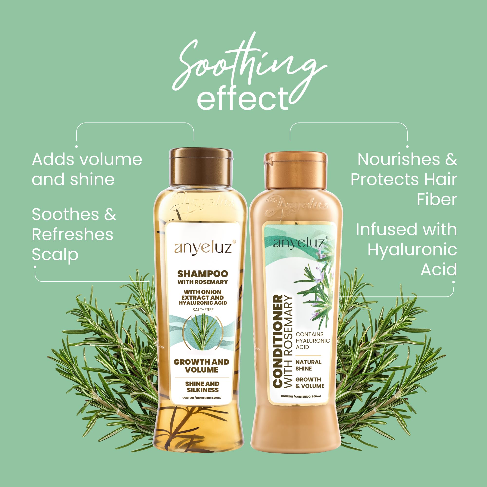 ANYELUZ Rosemary Conditioner bottle with soft focus, delivers smoothing hydration for manageable strands.
