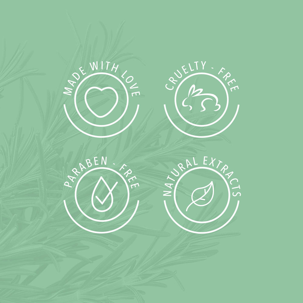 ANYELUZ Rosemary bottle label showing natural extracts and paraben-free formula.