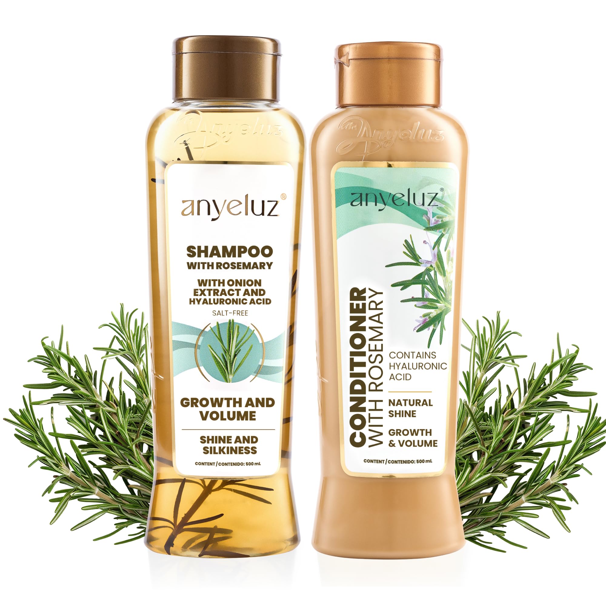 ANYELUZ Rosemary Shampoo bottle on a clean surface, promotes daily freshness and easy lather for healthy hair.