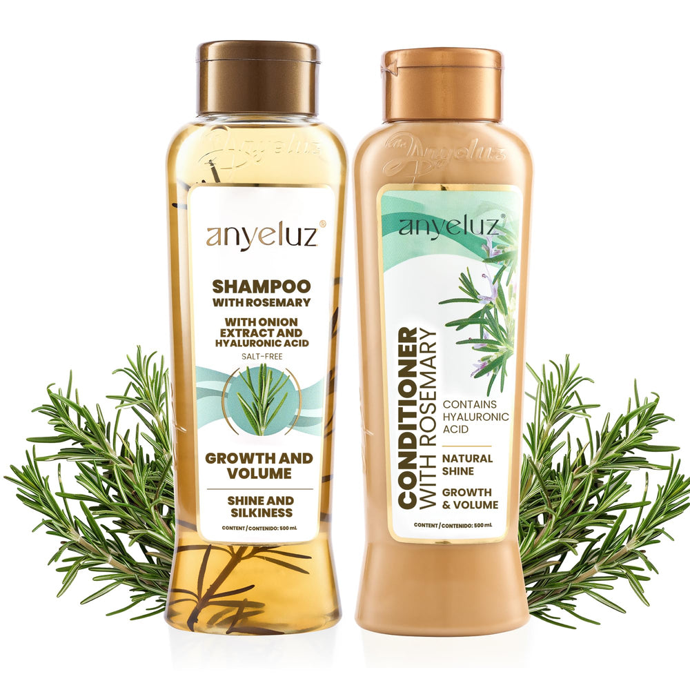 ANYELUZ Rosemary Shampoo bottle on a clean surface, promotes daily freshness and easy lather for healthy hair.