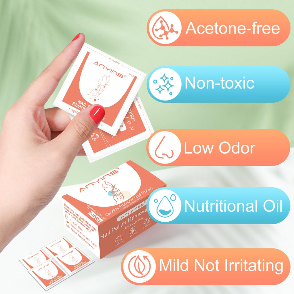 ANYINS Nail Polish Remover Pad packaging highlights its compact, leak-proof design for travel.