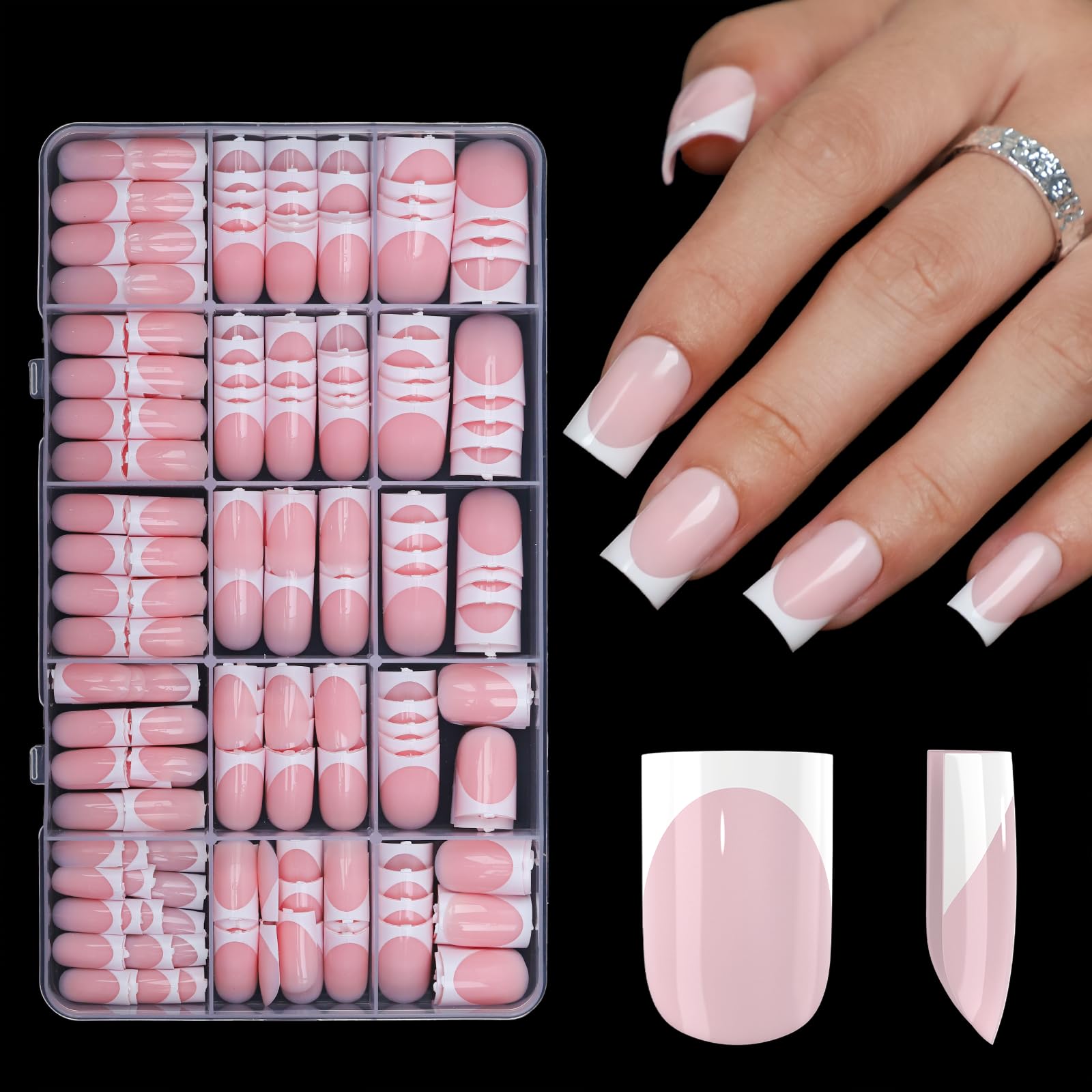 Anyos 300-piece pink sharp-square French tip press-on nails pack for DIY nail art.