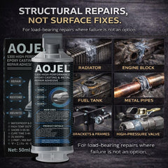 AOJEL epoxy bonds metal and mixed materials for versatile repairs.