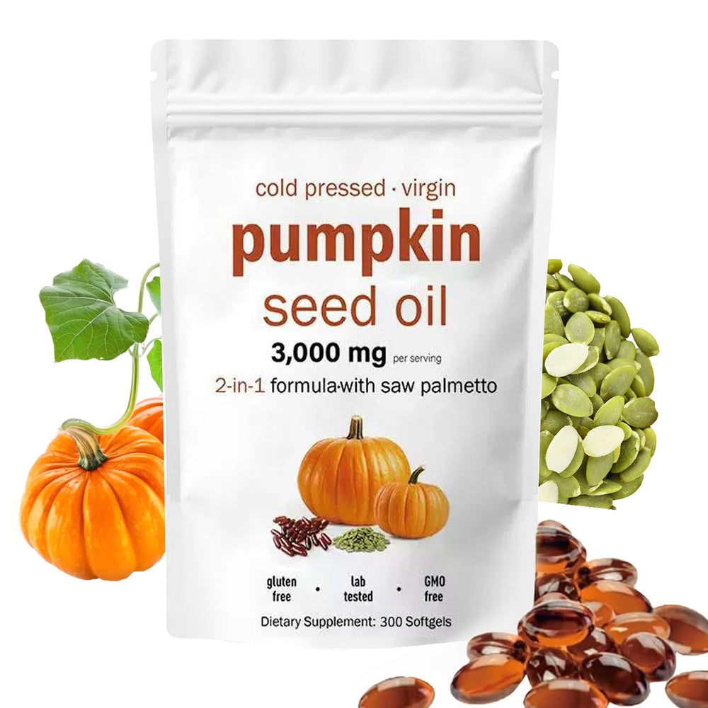 AOLBSPD pumpkin seed oil capsules with saw palmetto bottle promotes hair vitality and daily wellness.