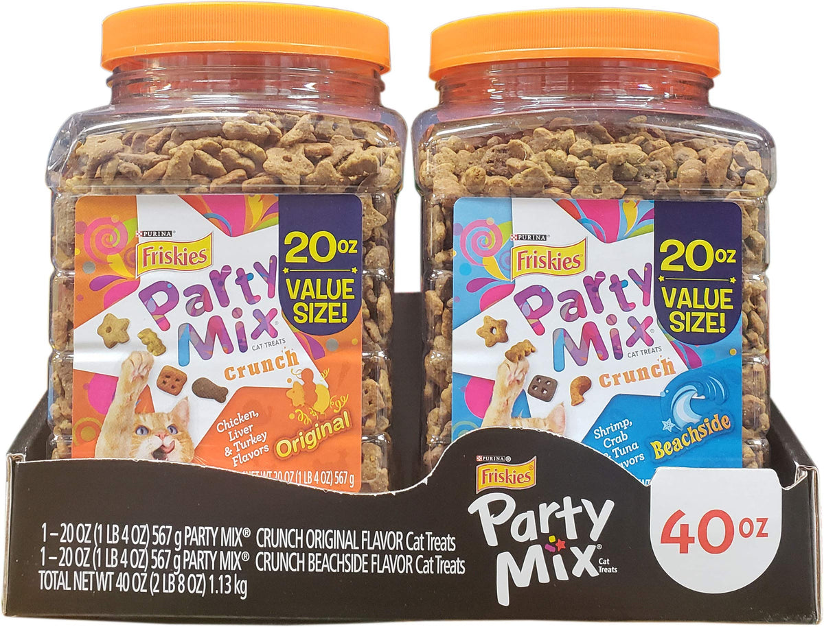 AONELAS Friskies Party Mix beachside crunch cat treats bag with crunchy bites that help clean teeth.