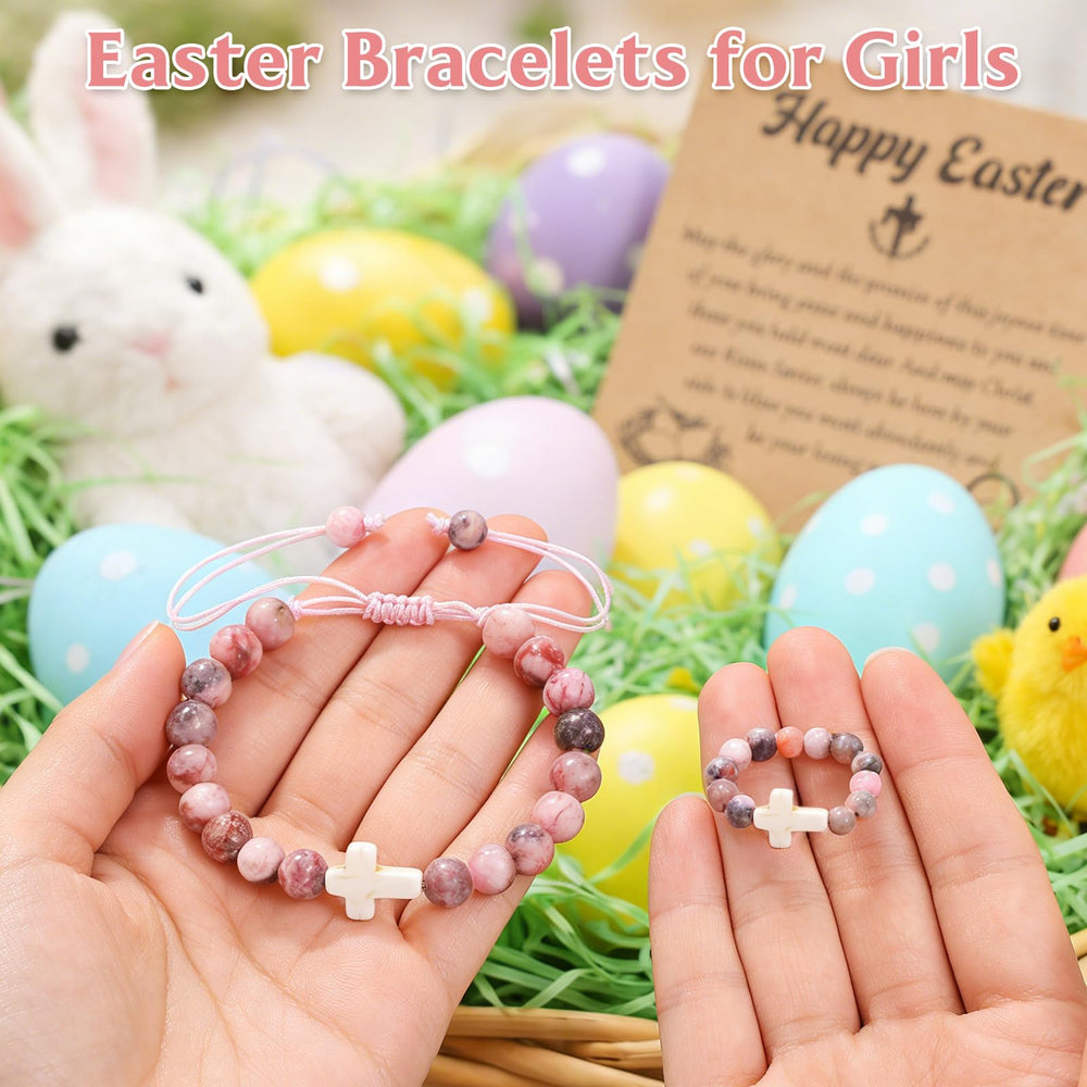 AONSOULE beaded cross bracelet close-up showing natural pink beads.