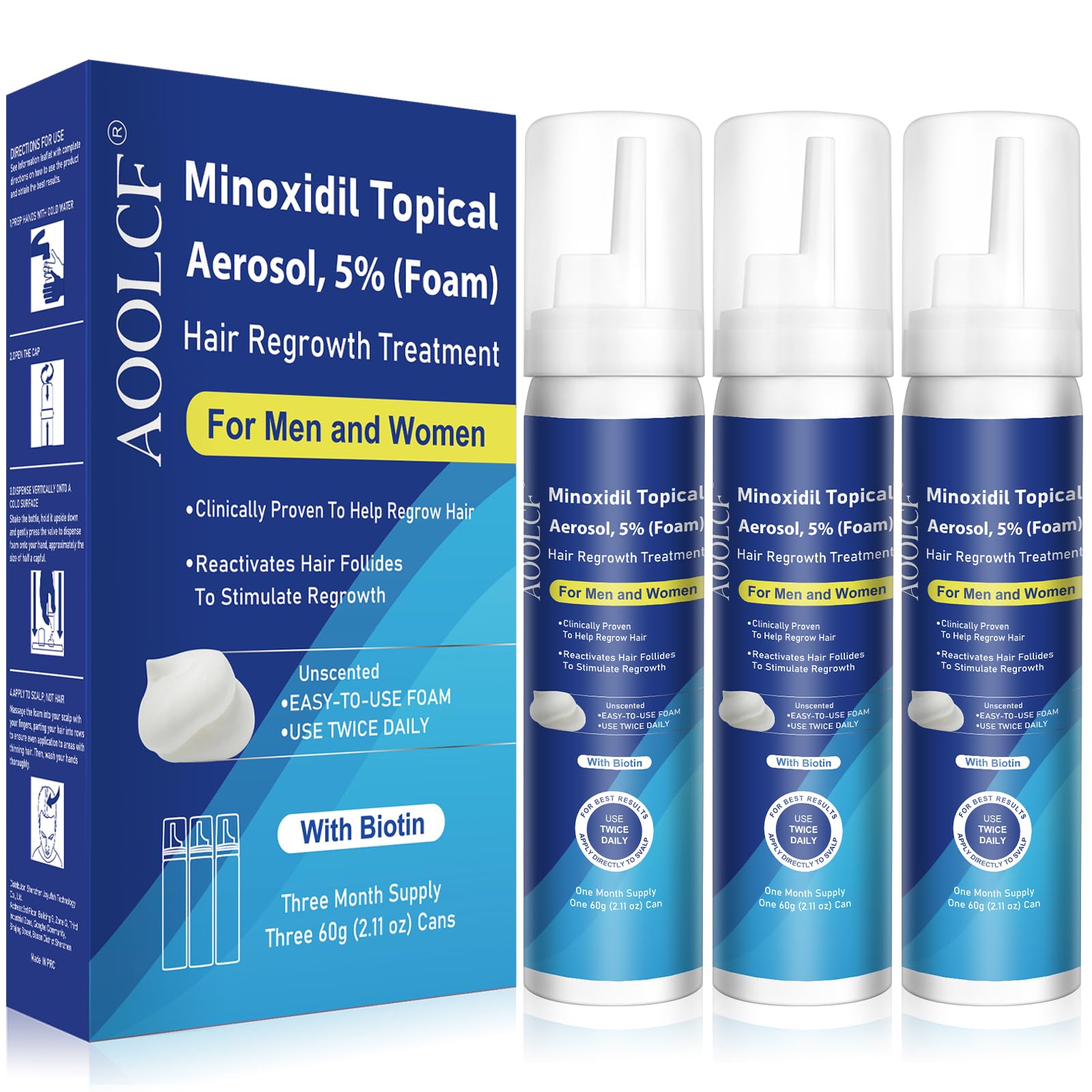 AOOLCF 5% Minoxidil foam bottle for at-home scalp treatment to support hair growth