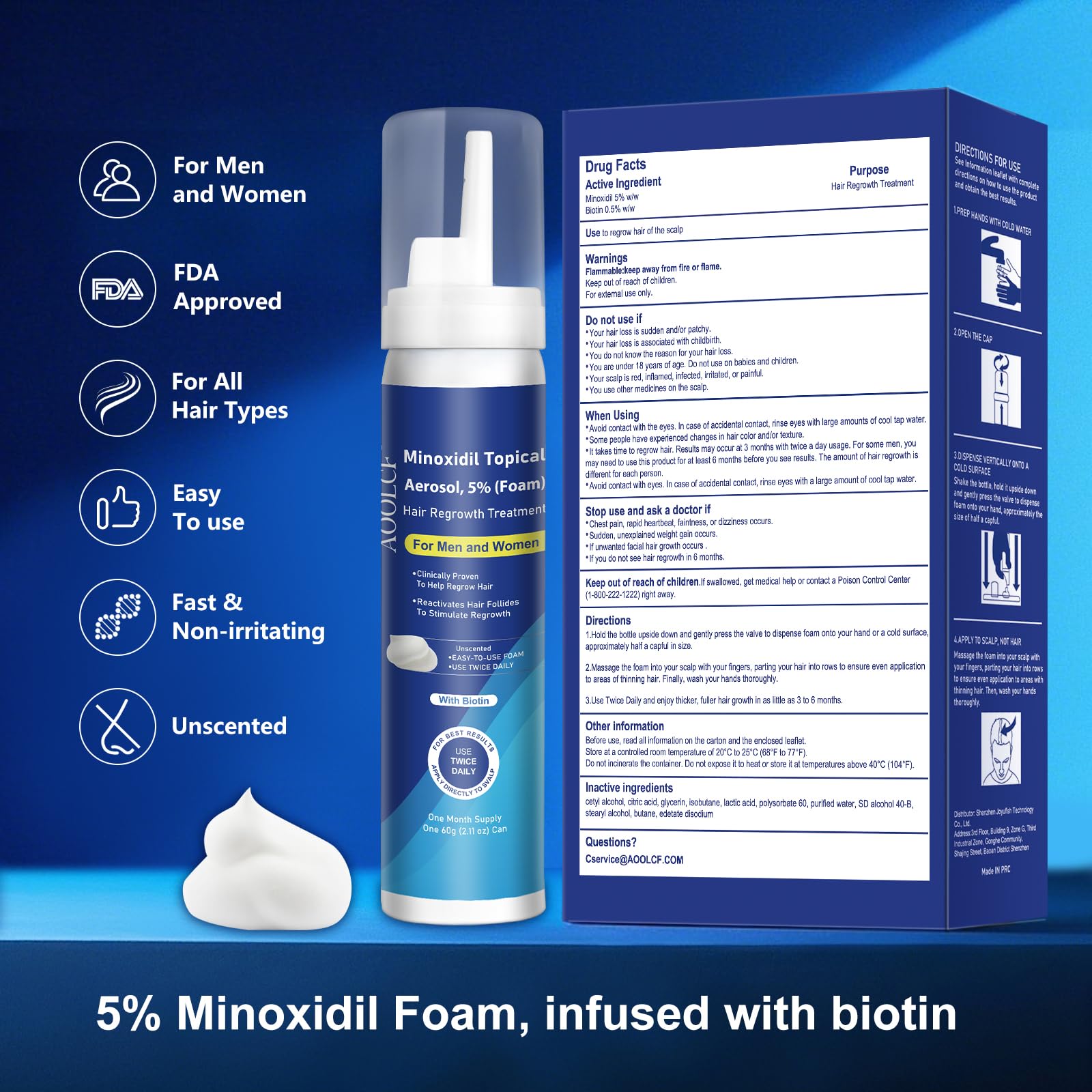 AOOLCF minoxidil foam being massaged into the scalp