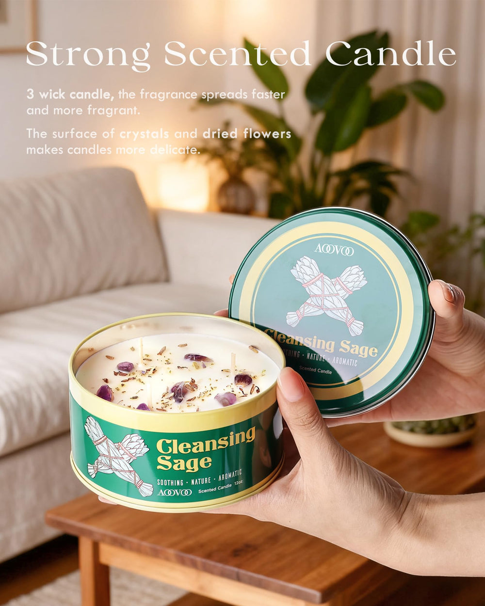 AOOVOO 12oz 3-wick candle emits a strong herbal sage aroma.