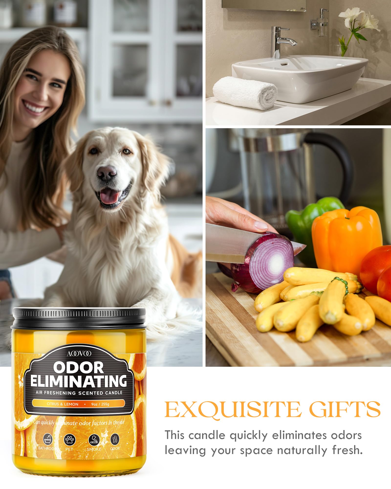 AOOVOO Citrus Lemon candle in a living room with odor relief.