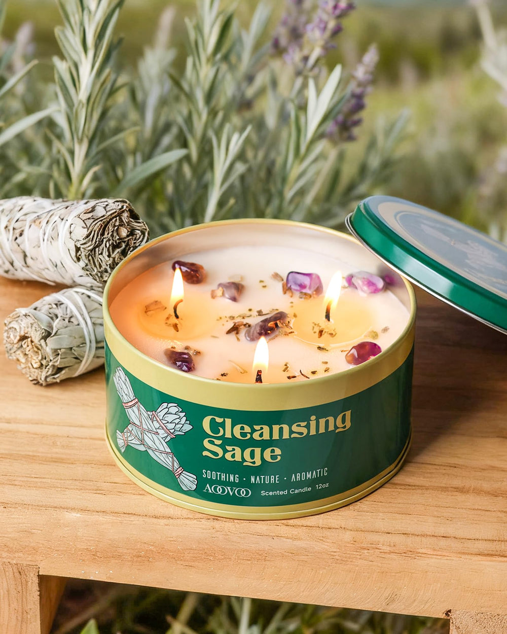 AOOVOO Candles with dried sage and crystals promote gentle energy cleansing vibes.