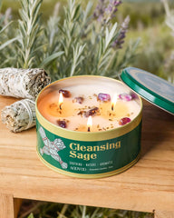 AOOVOO Candles with dried sage and crystals promote gentle energy cleansing vibes.