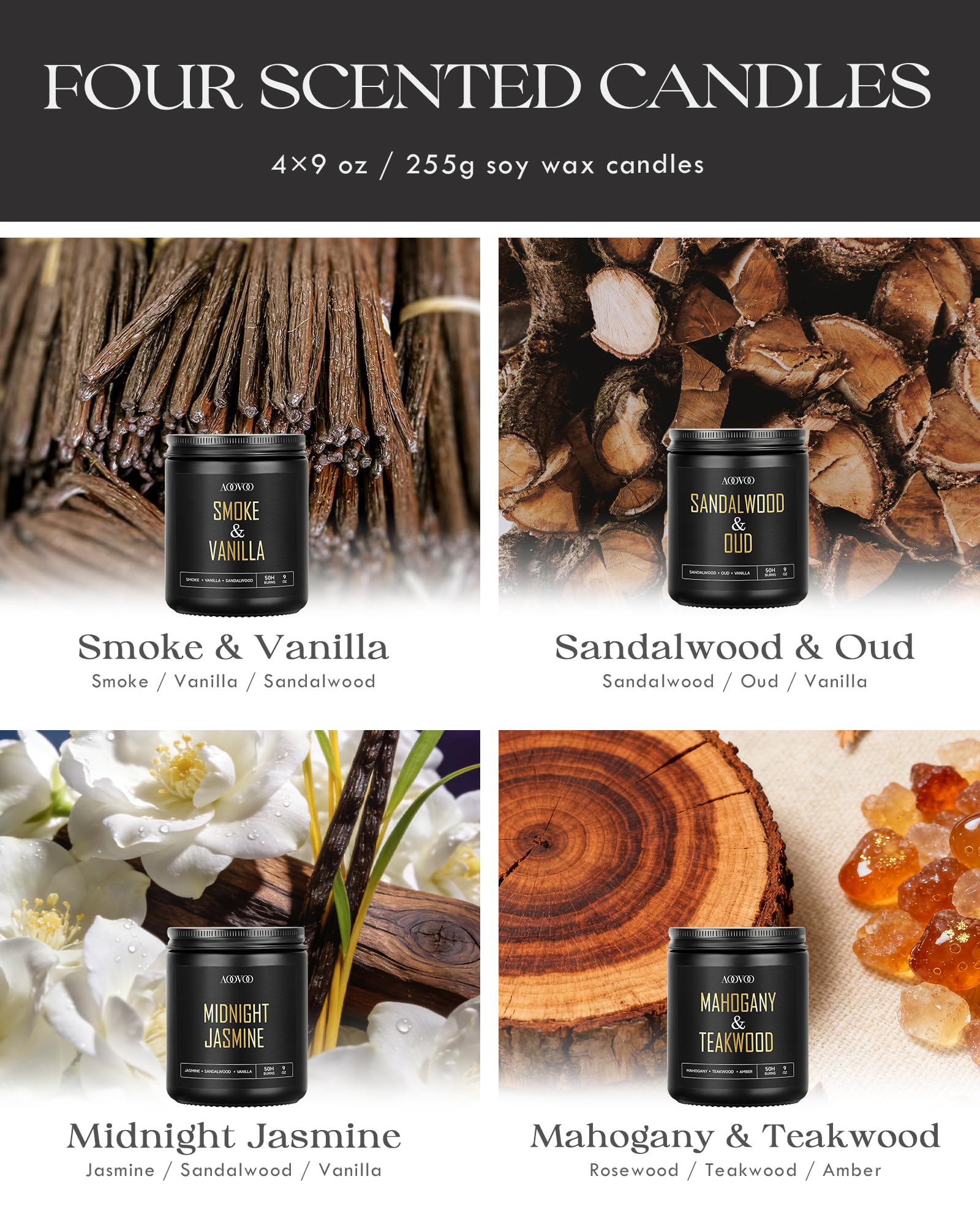 AOOVOO jasmine candle in black jar adds a subtle floral note.