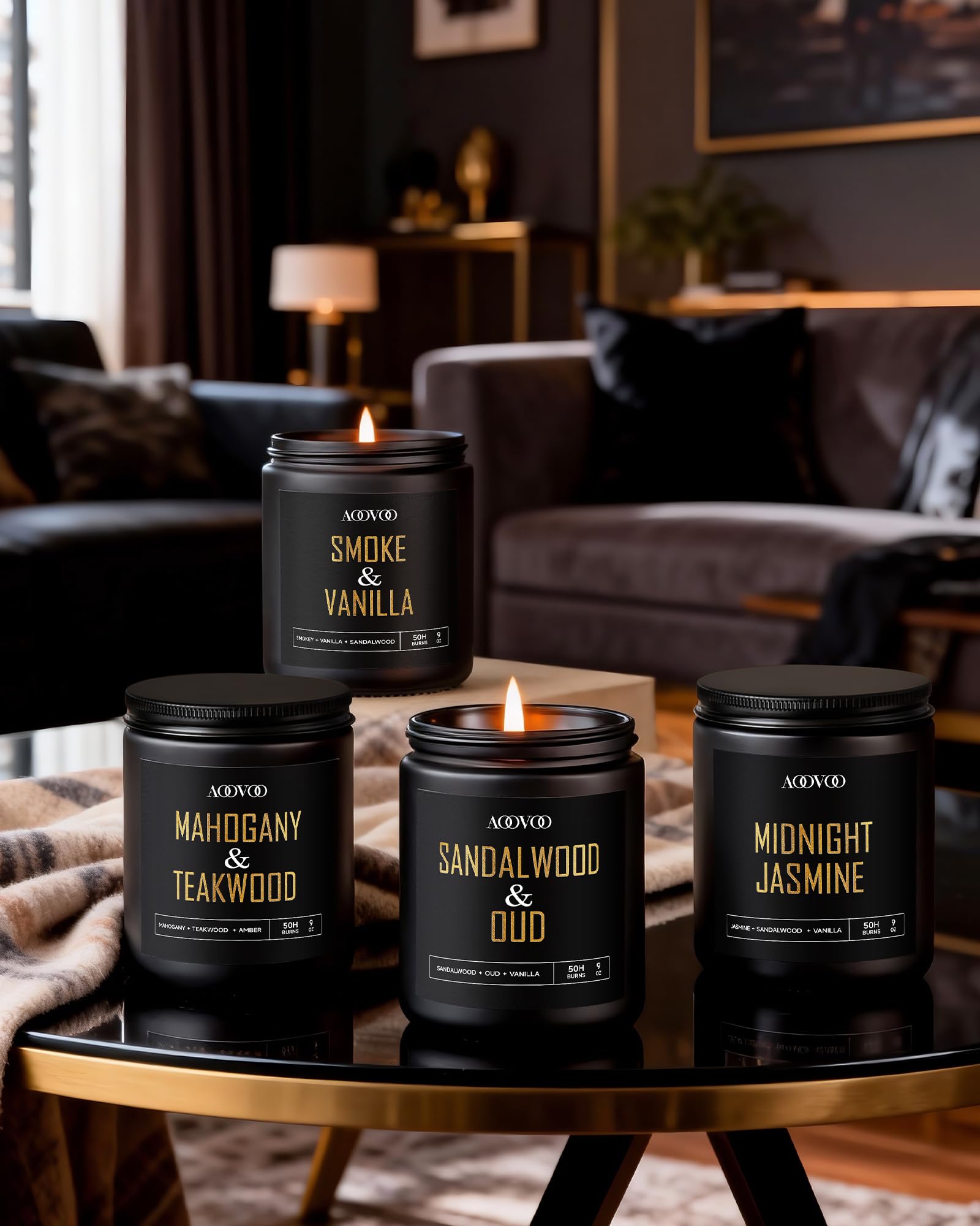 AOOVOO mahogany teakwood candle in black jar enhances cozy spaces.