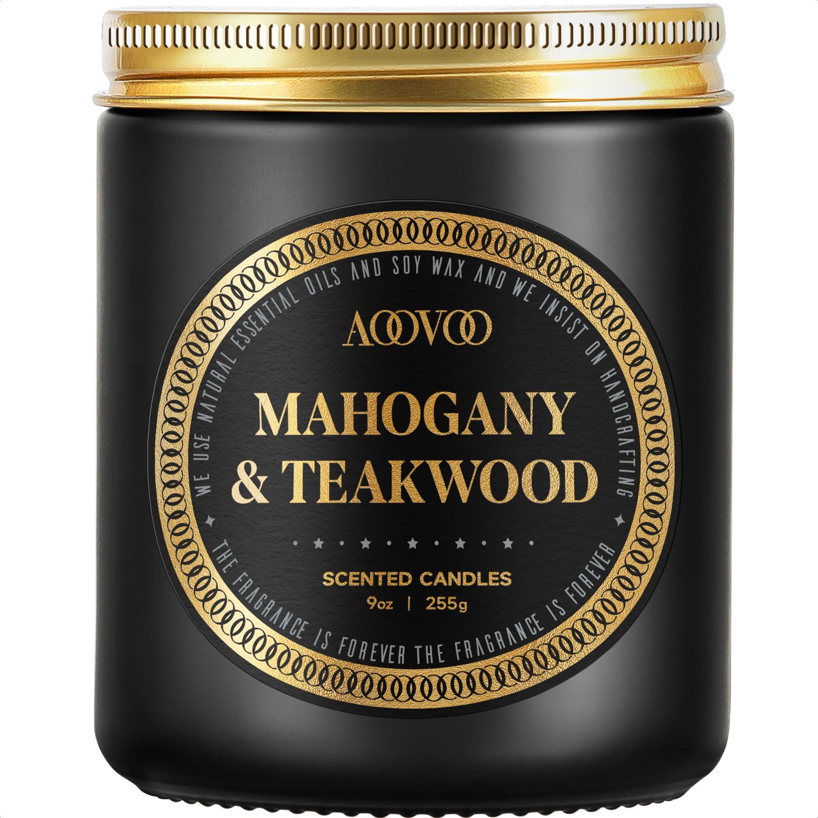 AOOVOO Mahogany & Teakwood candle in a black jar for refined home ambiance.
