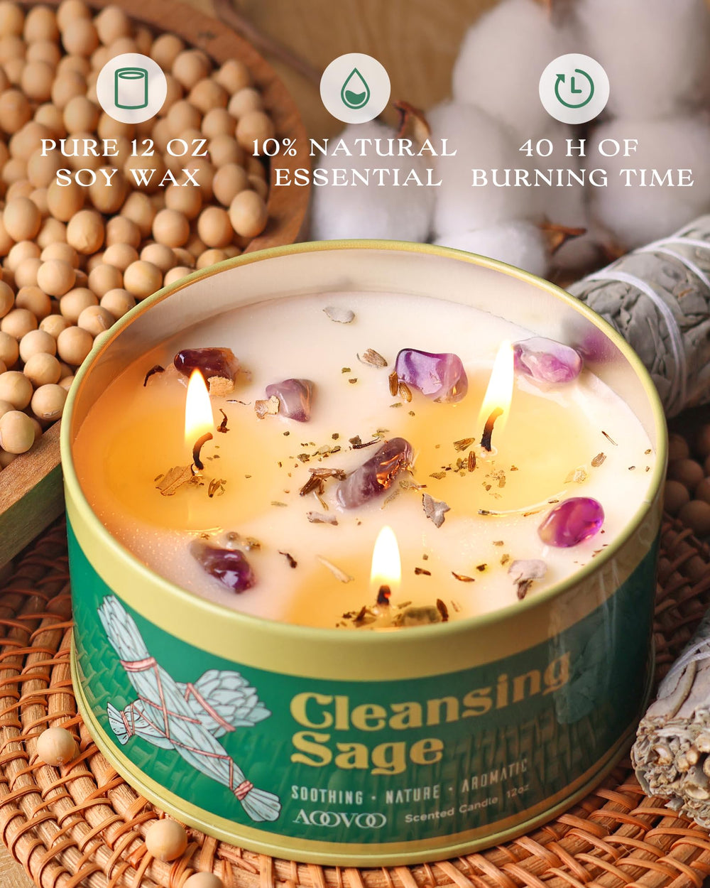 AOOVOO Natural soy wax candle delivers clean-burning ambiance.