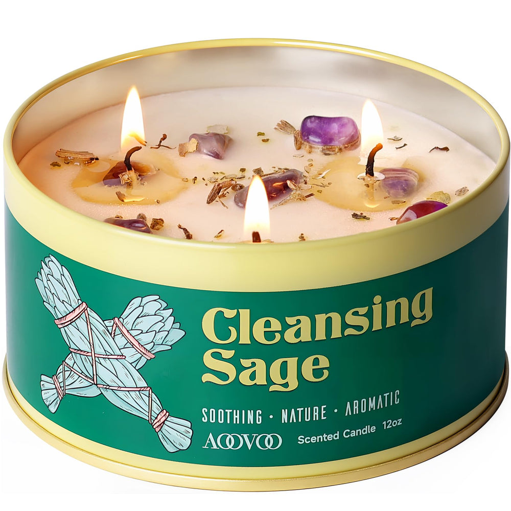AOOVOO Sage Candle with crystals inside creates a calming meditation centerpiece.