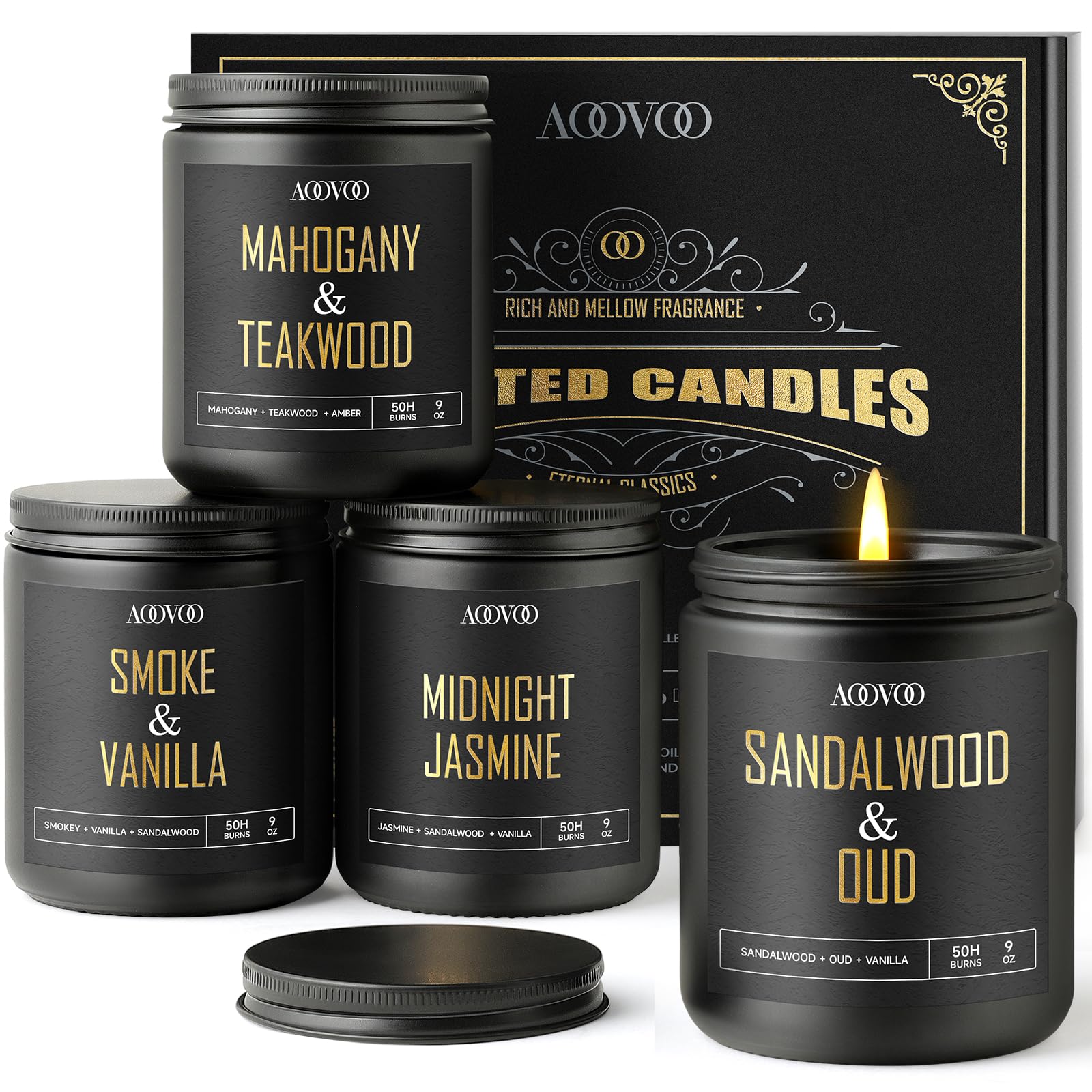 AOOVOO sandalwood oud candle in black jar for a rich, masculine ambiance.