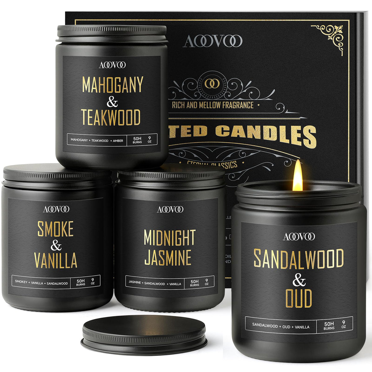 AOOVOO sandalwood oud candle in black jar for a rich, masculine ambiance.