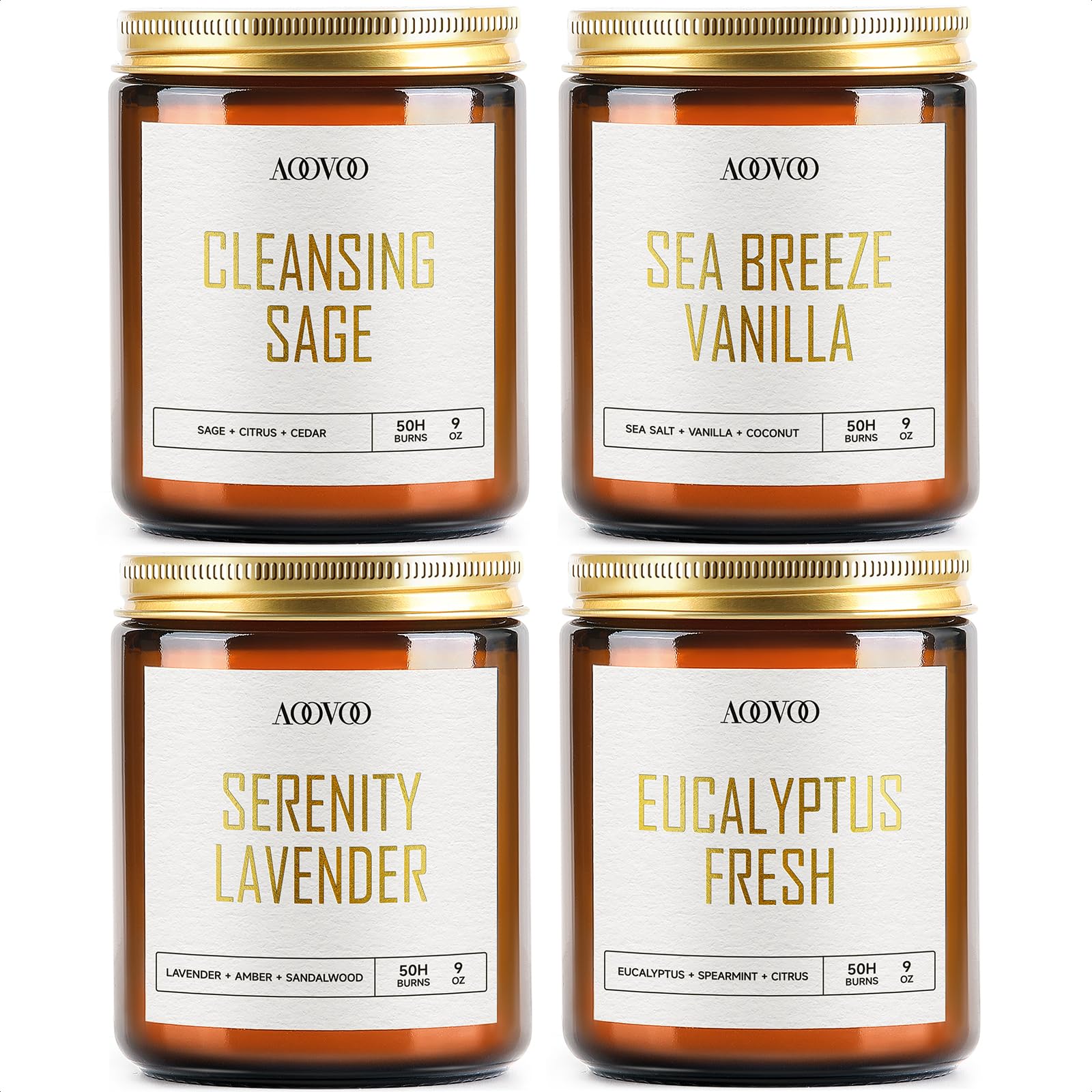 AOOVOO scented candles 4pc gift box front, inviting aromatherapy ambiance.