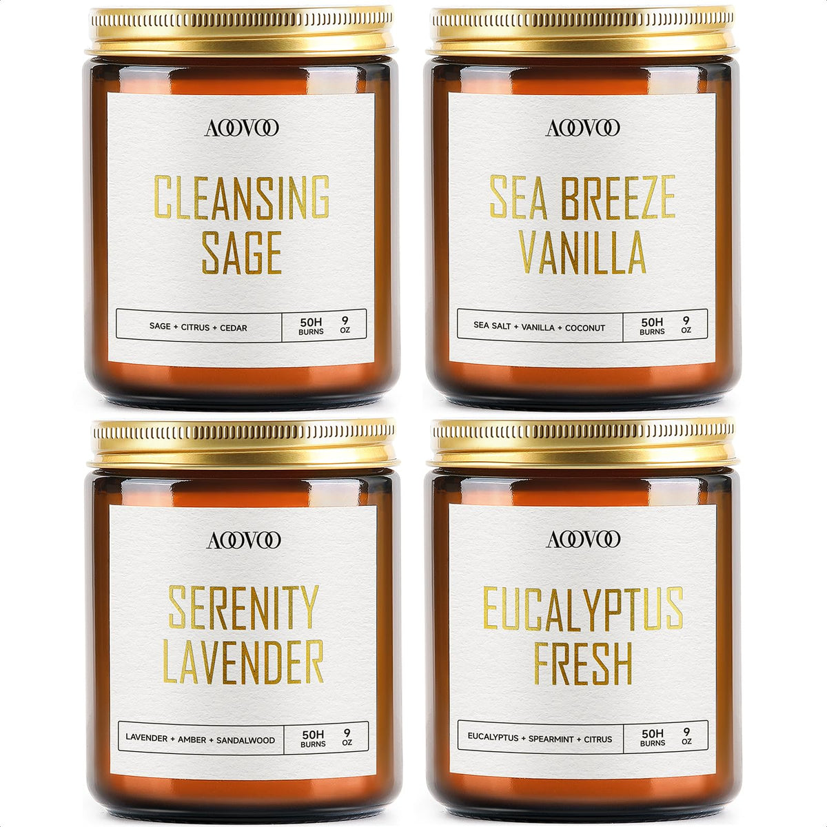 AOOVOO scented candles 4pc gift box front, inviting aromatherapy ambiance.