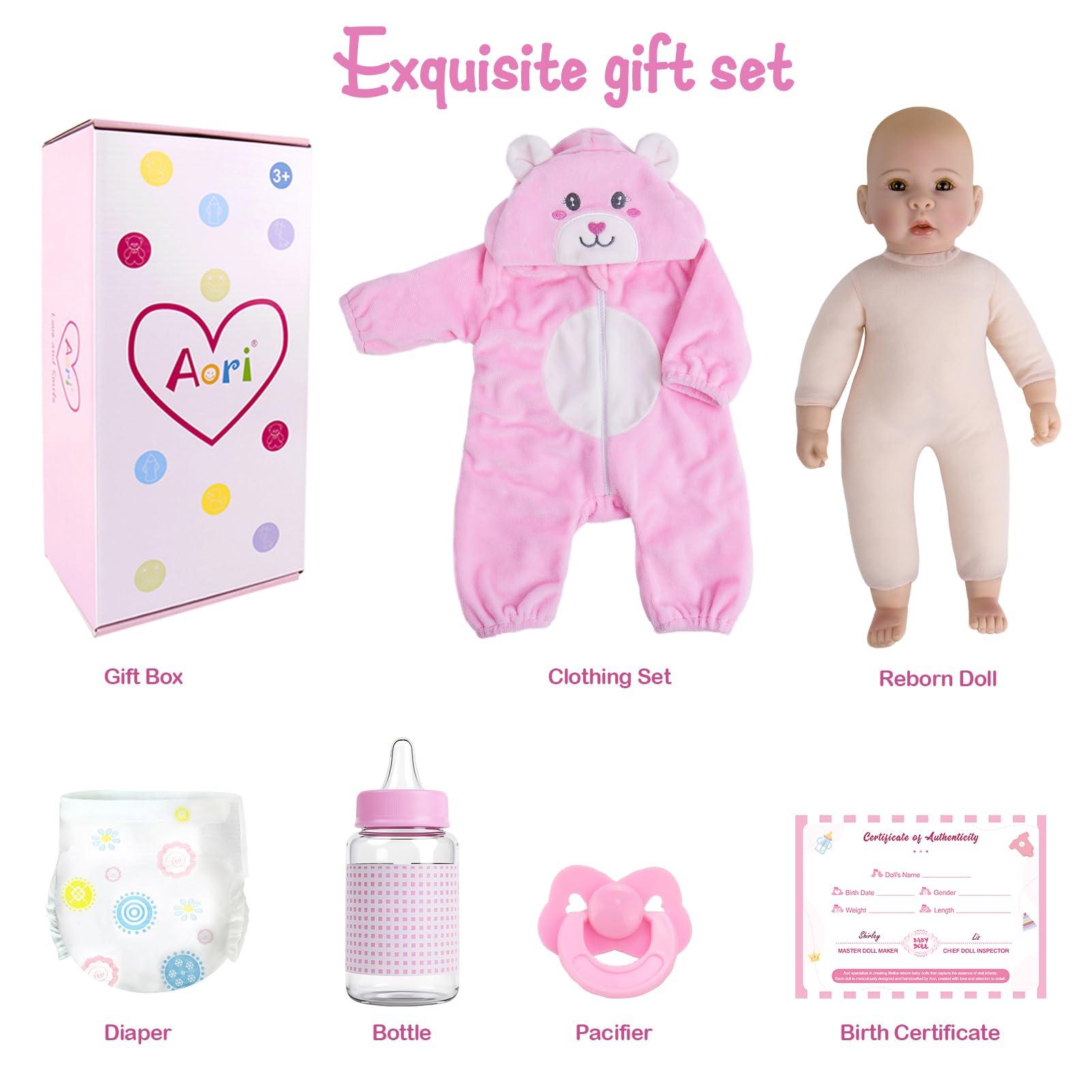Aori Baby Doll pacifier and birth certificate boost authentic role-play.