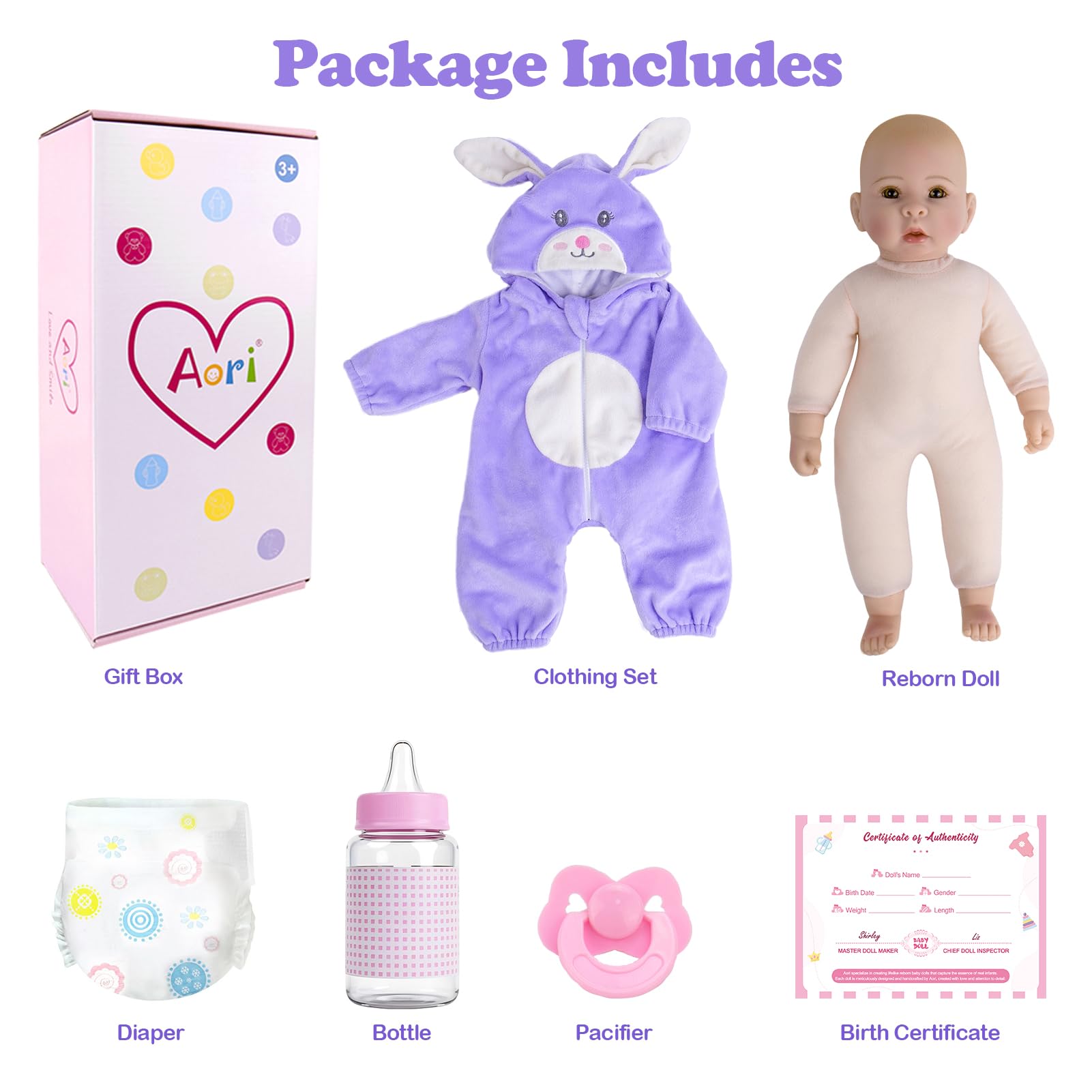 Aori Real Baby Doll gift set includes outfit, birth certificate, bottle, pacifier, and diaper.