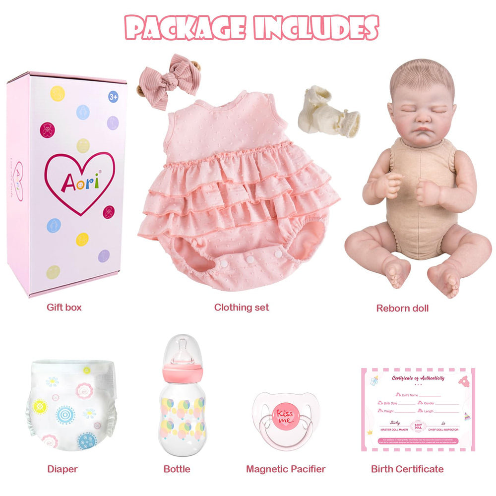 Aori Reborn Baby Doll 20in pacifier and bottle for nurturing play.