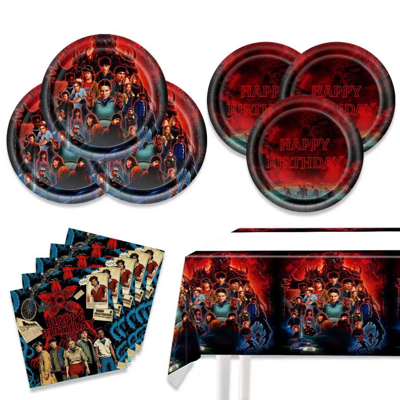 Aorsewynn Stranger Things plates set enhances party table décor.