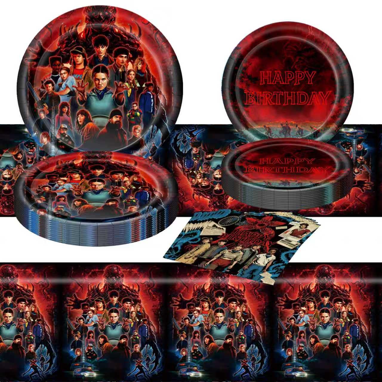 Aorsewynn Stranger Things tablecover creates immersive party ambiance.