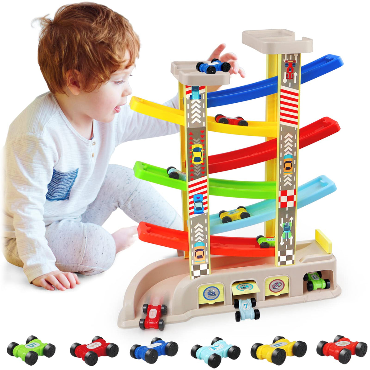 Aotipol Montessori ramp racer with two parking lots for collaborative play.