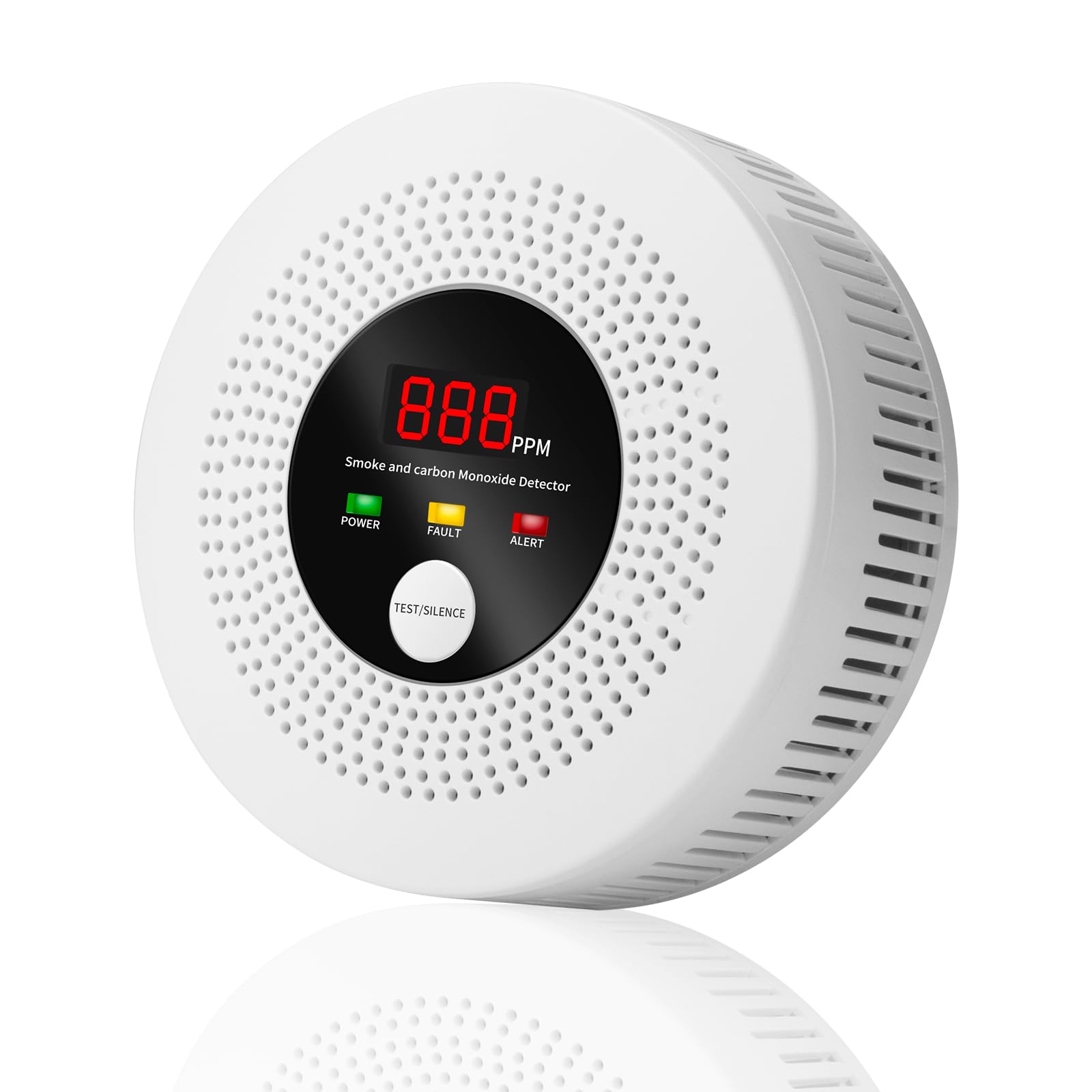 AOTIQUAL 3-in-1 detector front view with LCD display and alert indicators for home safety.
