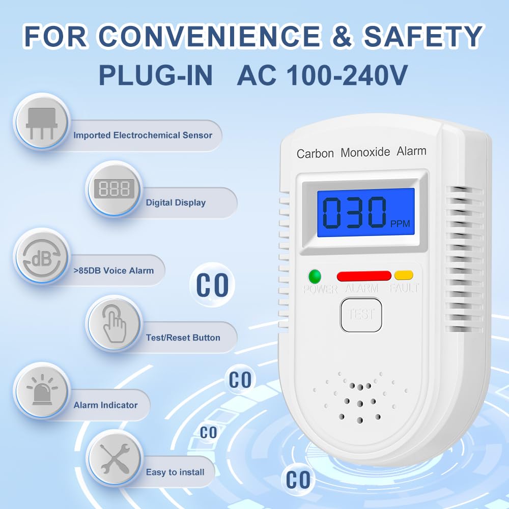 AOTIQUAL plug-in CO detector emphasizes audible alarms to prompt quick awareness