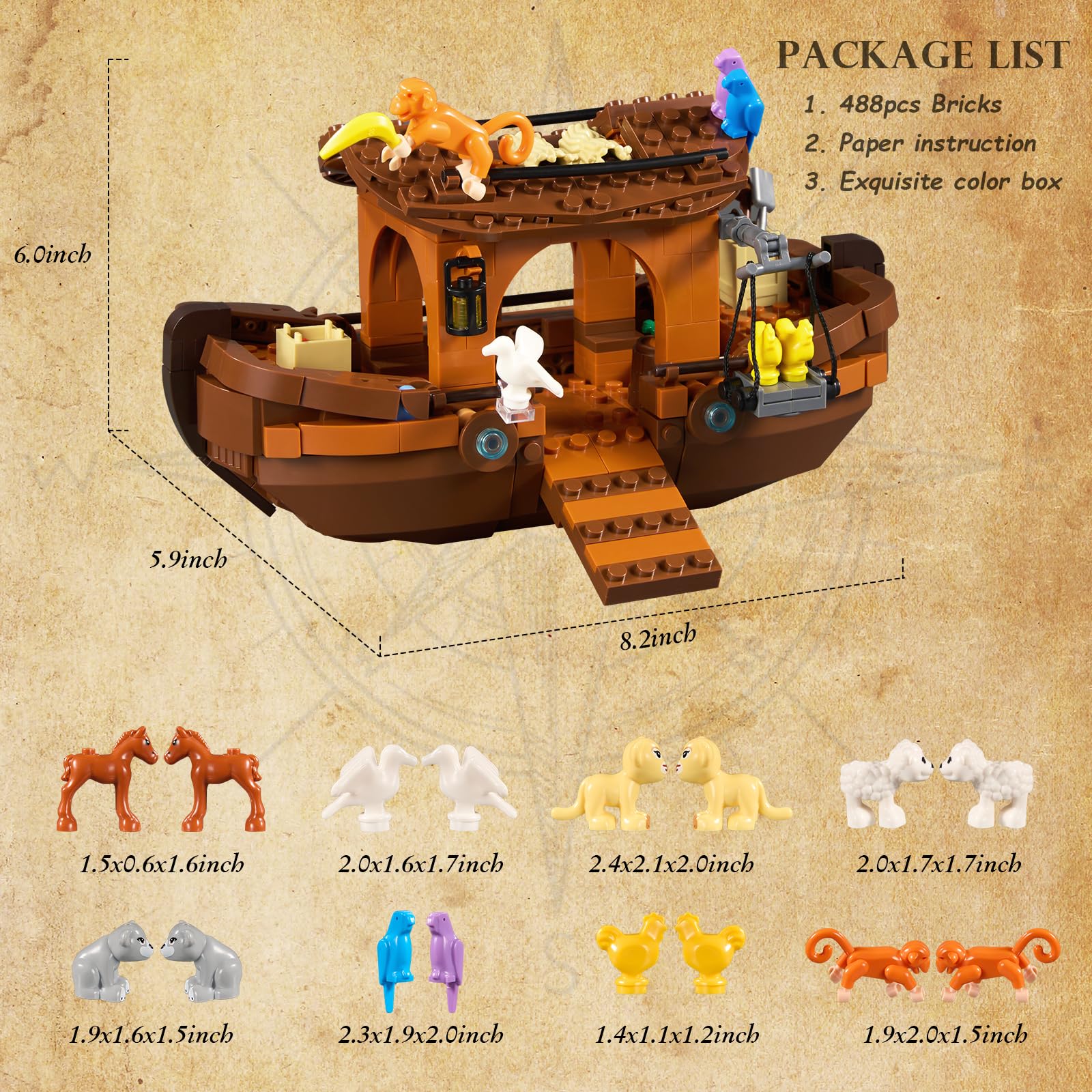 AOXEKBOLO Noah's Ark animal minifigures offer varied characters for creative narratives.