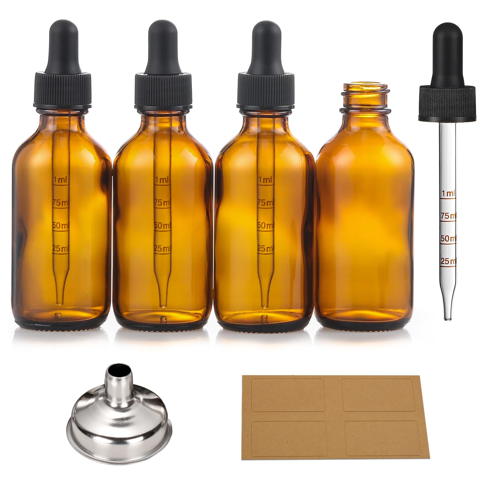 AOZITA 4-pack amber glass dropper bottles with precise 1ml droppers for easy dosing.