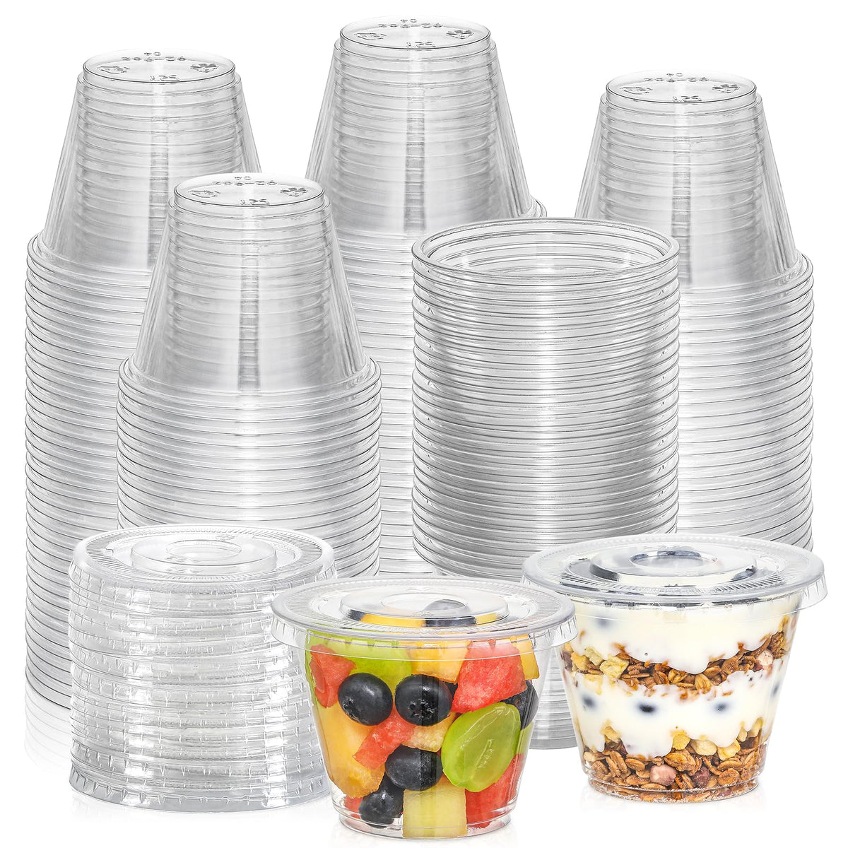 AOZITA 9 oz clear cups with flat lids for organized desserts and drinks.