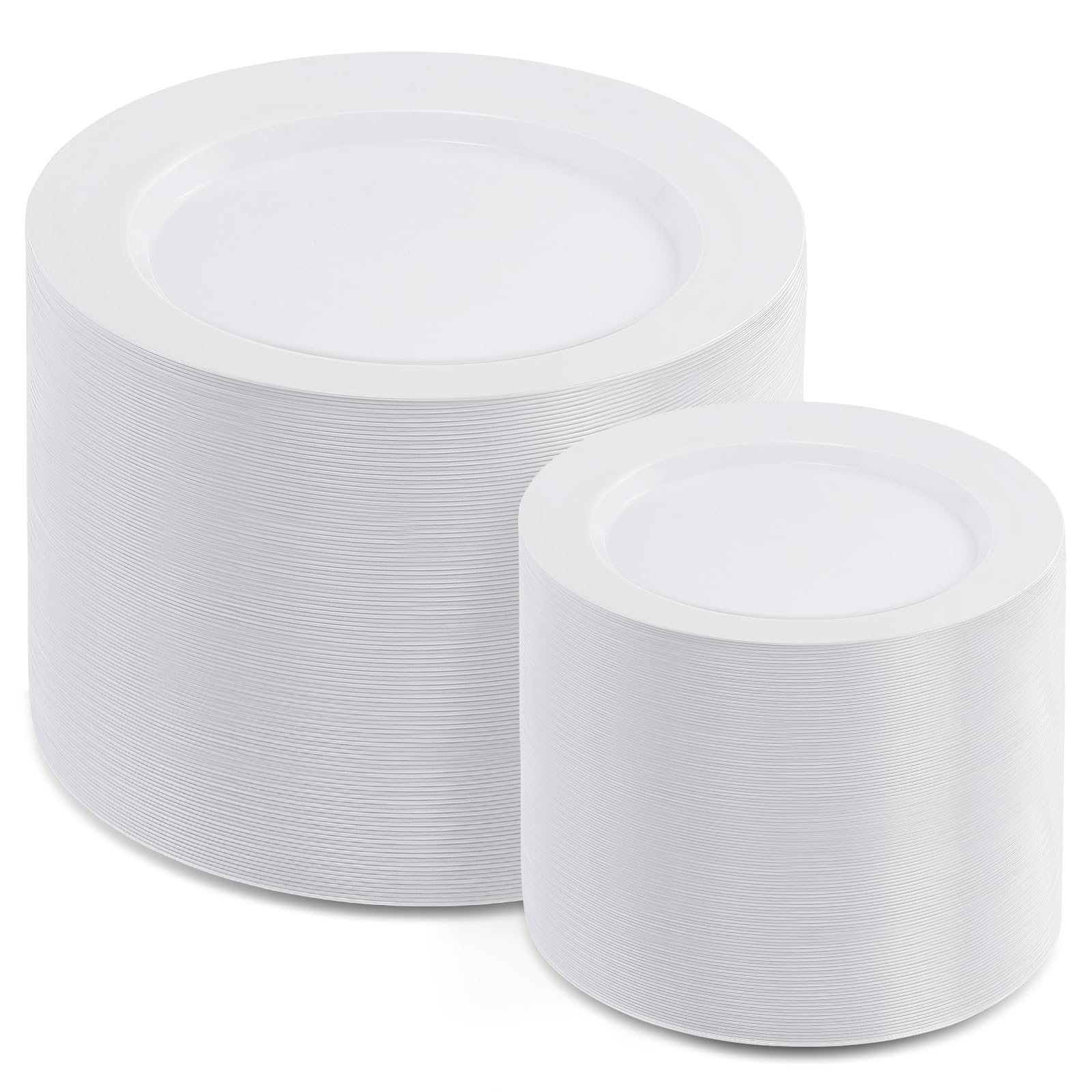 AOZITA white plastic dinner plates in close-up, sturdy for busy party dining, great for heavy meals.