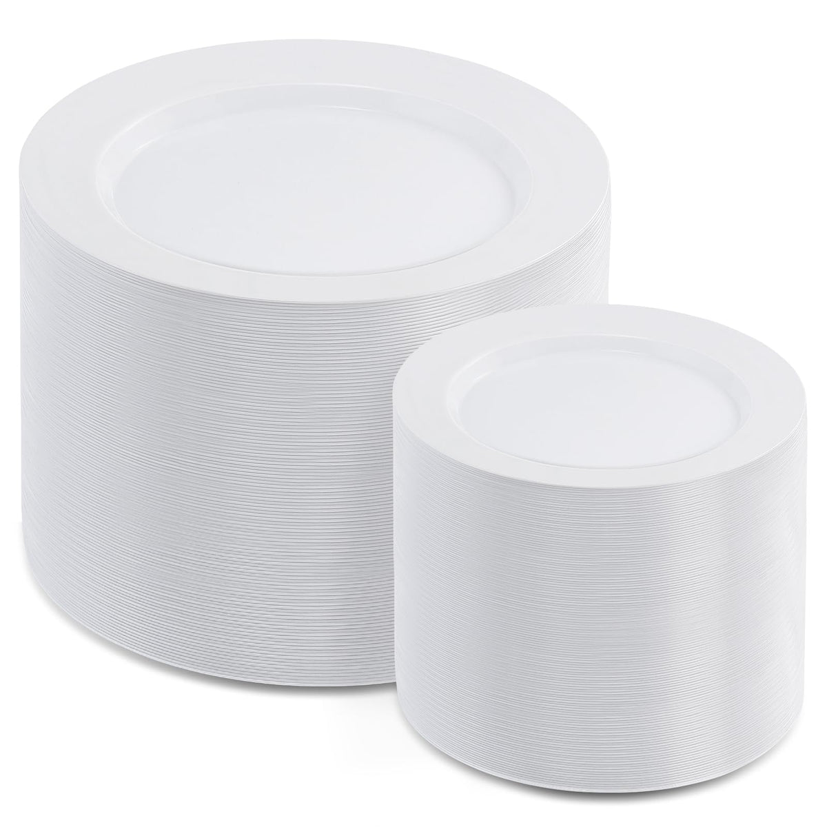 AOZITA white plastic dinner plates in close-up, sturdy for busy party dining, great for heavy meals.