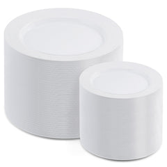 AOZITA white plastic dinner plates in close-up, sturdy for busy party dining, great for heavy meals.