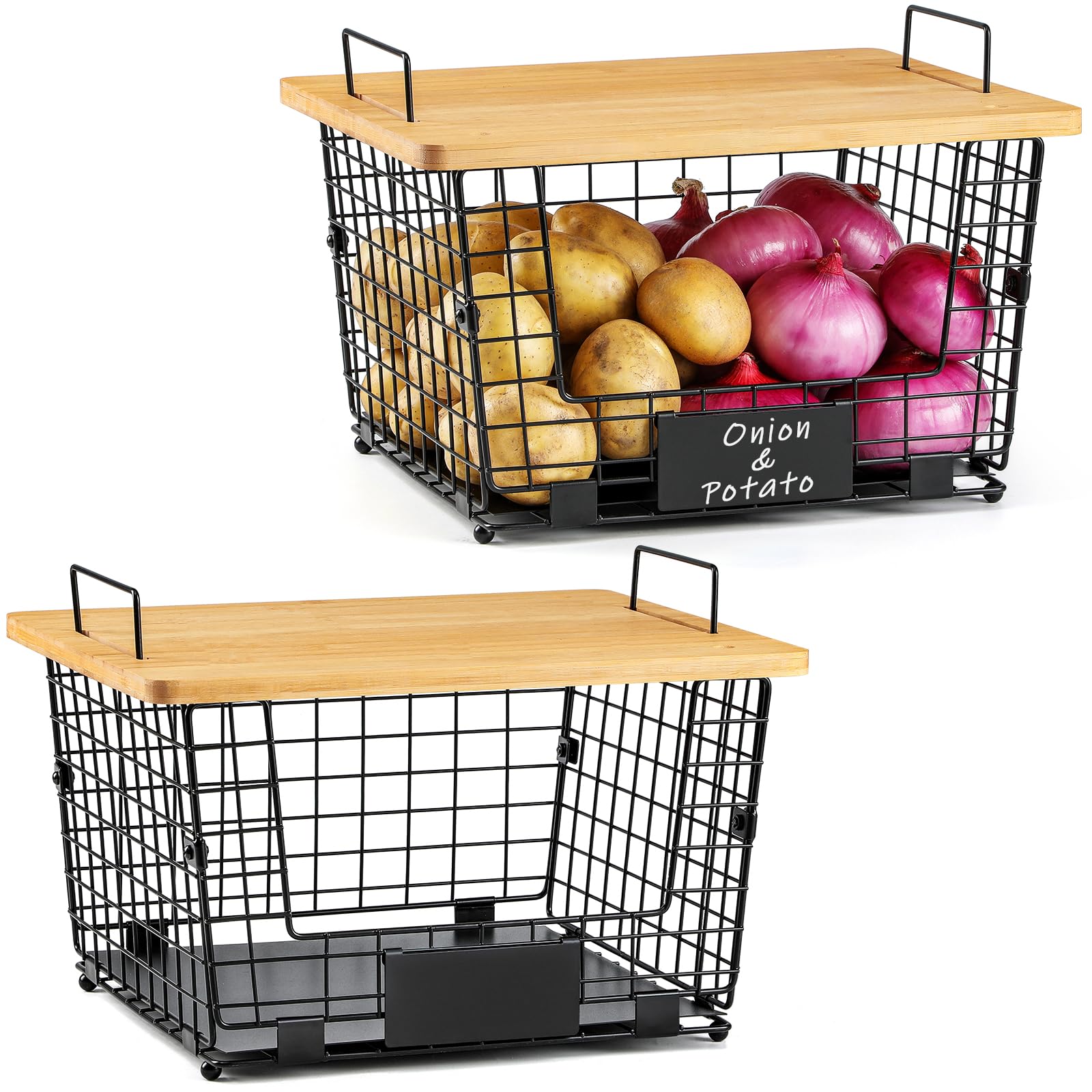 AOZITA XXL stackable basket with bamboo top on kitchen counter keeps fruit organized.