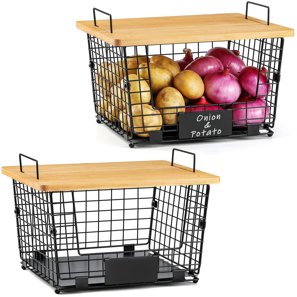 AOZITA XXL stackable basket with bamboo top on kitchen counter keeps fruit organized.